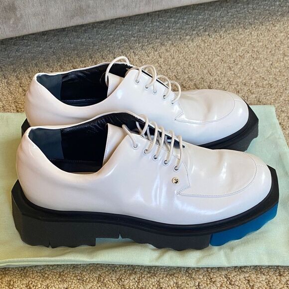 Off-White Glossy White Oxfords with Black Soles